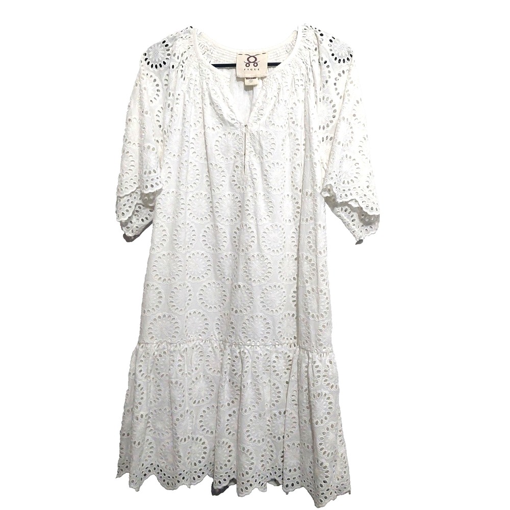 Figue Womens Small Eyelet Dress Tiered Ruffle Lined Cottagecore Romantic Cotton